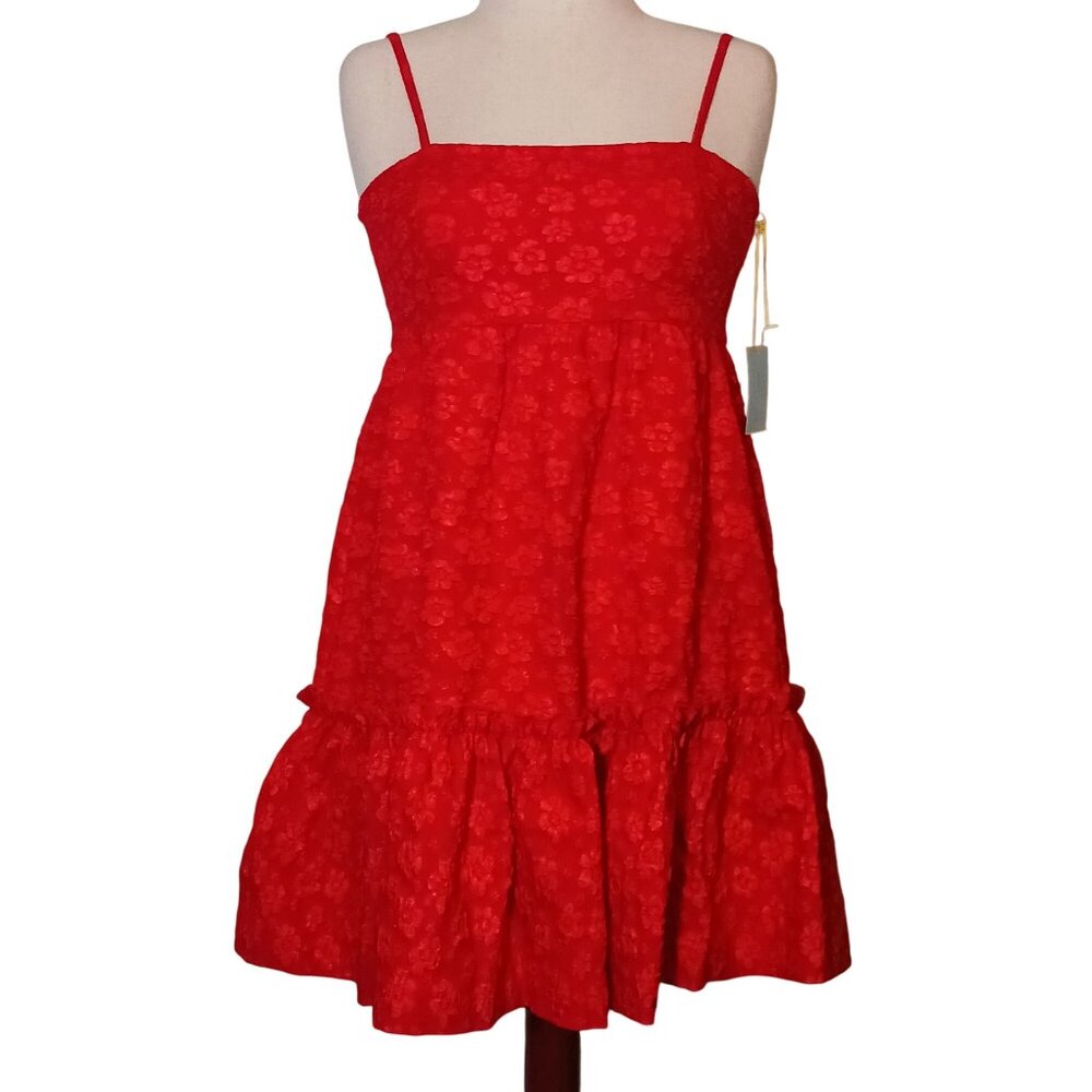 NEW CeCe Womens Floral Print Babydoll Mini Dress Mars Red‎ Size M Tiered Ruffled